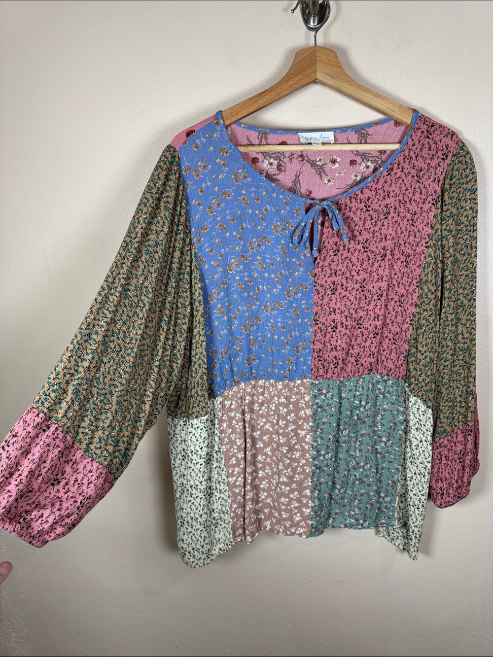 Grace & Lace Womens Peasant Blouse Boho Patchwork Floral Tie-Neck Blouse XL